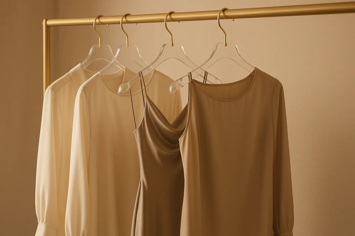 Silk blouses and a slip dress on clear acrylic hangers with gold hooks in a boutique