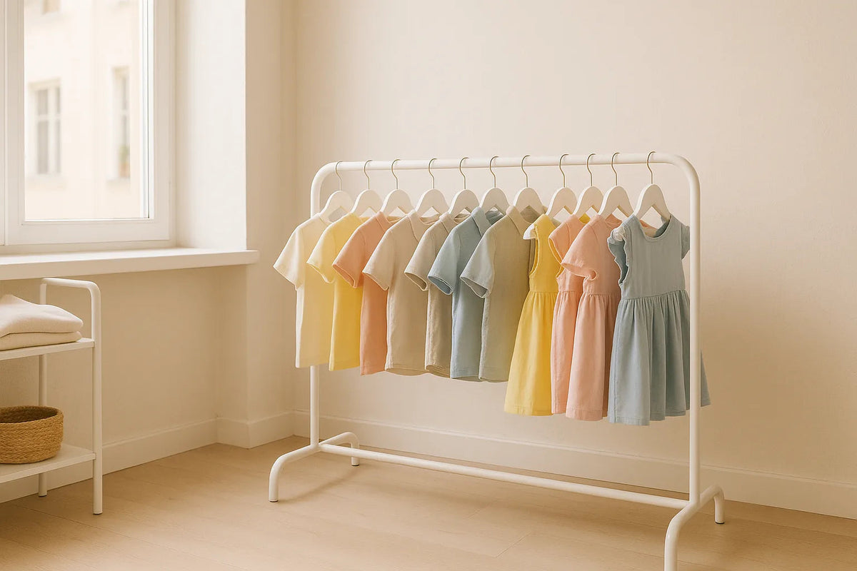 Children's clothes on small white hangers in a kids' clothing store corner
