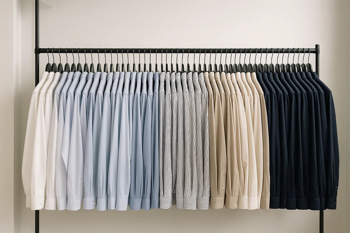 A full rack of shirts on slim black hangers with even spacing