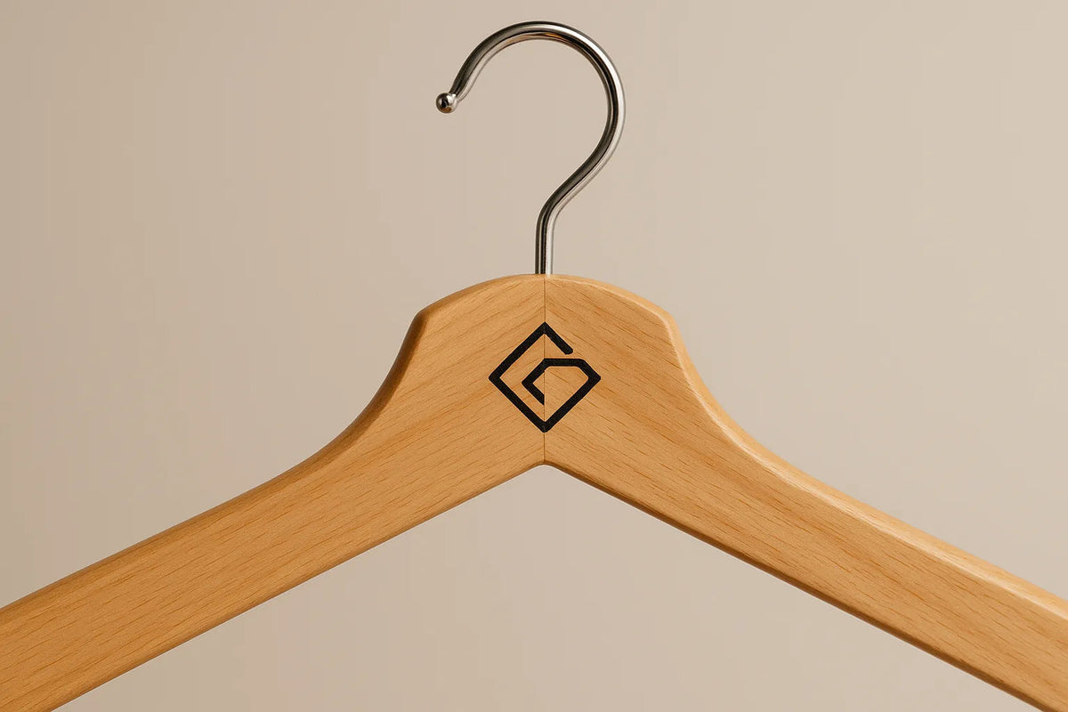Natural wooden hanger with a logo stamped near the hook