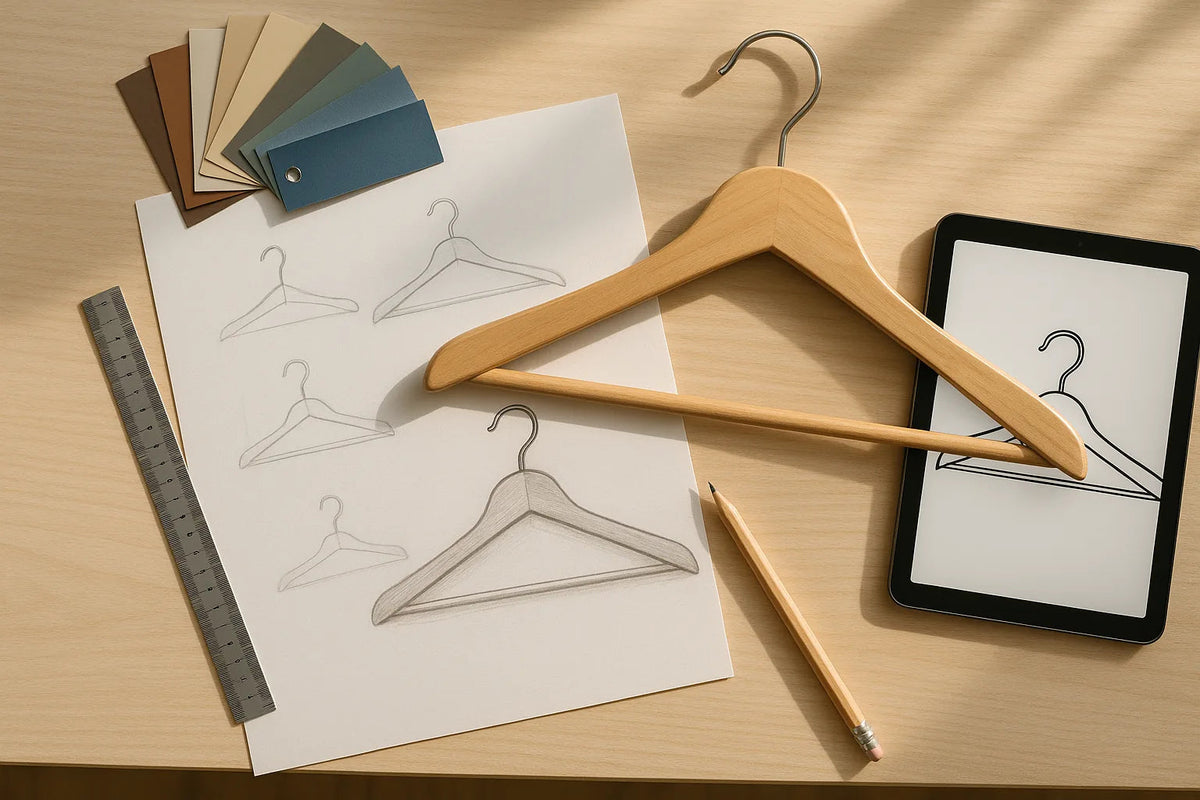 Hanger design sketches, a wooden hanger sample and color swatches on a desk