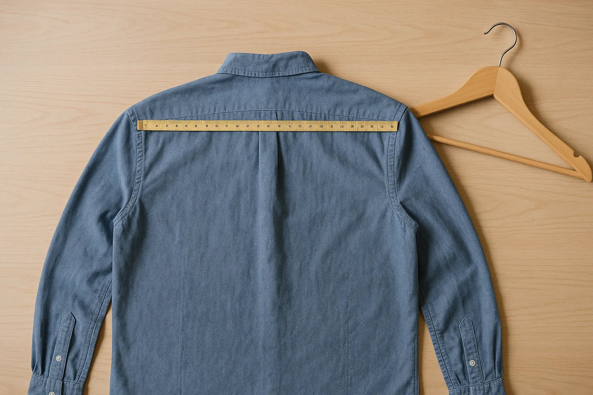 A shirt laid flat with a tape measure across the back from shoulder seam to shoulder seam