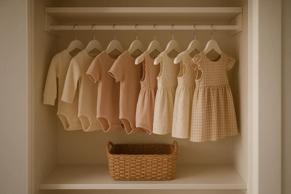 Baby clothes and toddler dresses on small white hangers in a nursery closet