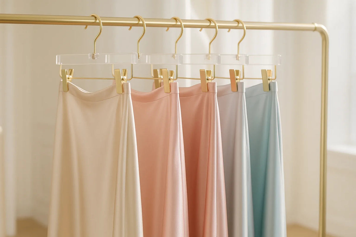Silk skirts on clear acrylic clip hangers with gold hooks in a boutique