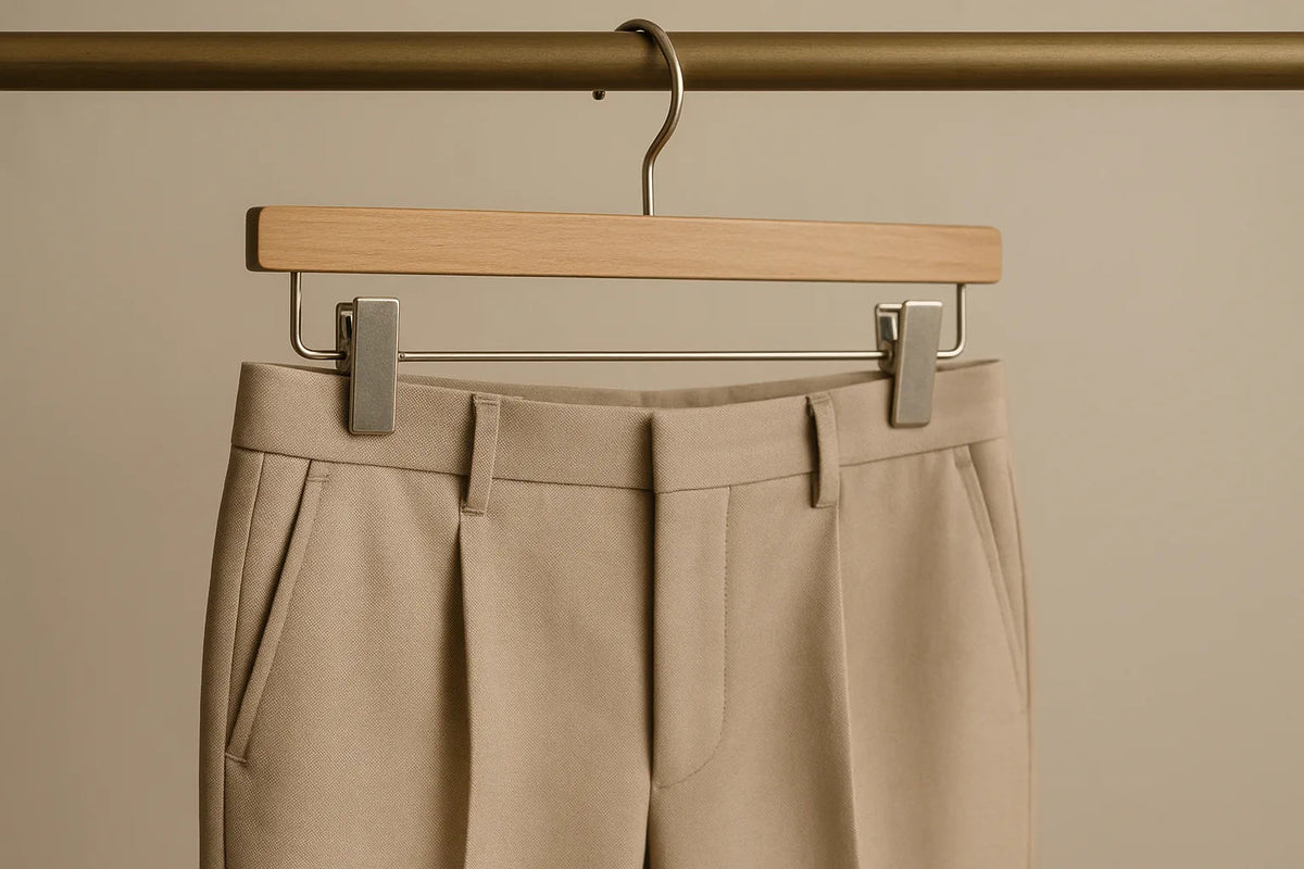 Tailored trousers clipped at the waistband on a wooden hanger with metal clips