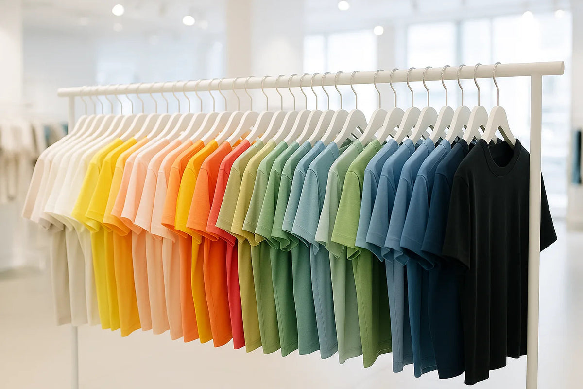 T-shirts on thin white plastic hangers on a bright store rack