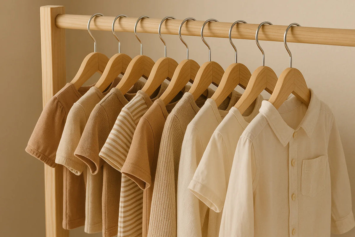 Clothes on natural plywood hangers with chrome swivel hooks on a wooden rail