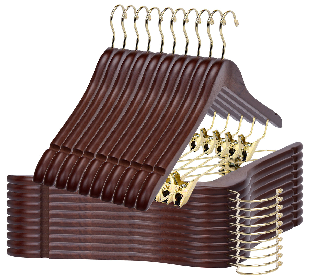 W012 – Semi-Curved Wooden Skirt & Pant Hanger with Clips – 17.5" – Walnut / Gold Hook