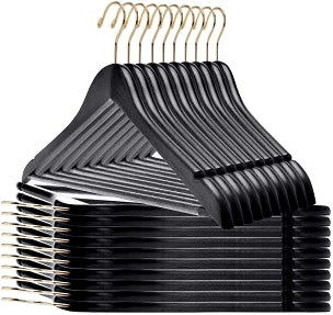 W070 – Semi-Curved Wooden Suit Hanger with Non-Slip Bar – 17.5" – Black / Gold Hook